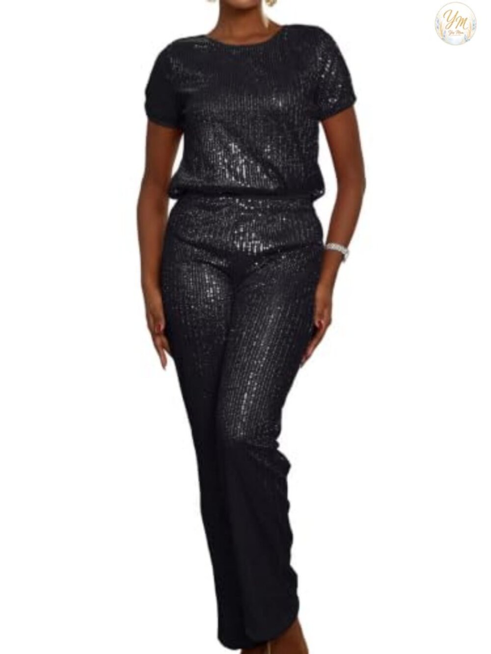 Sequin Two Piece Set Sparkly Wide Leg Pants Party Disco Outfit